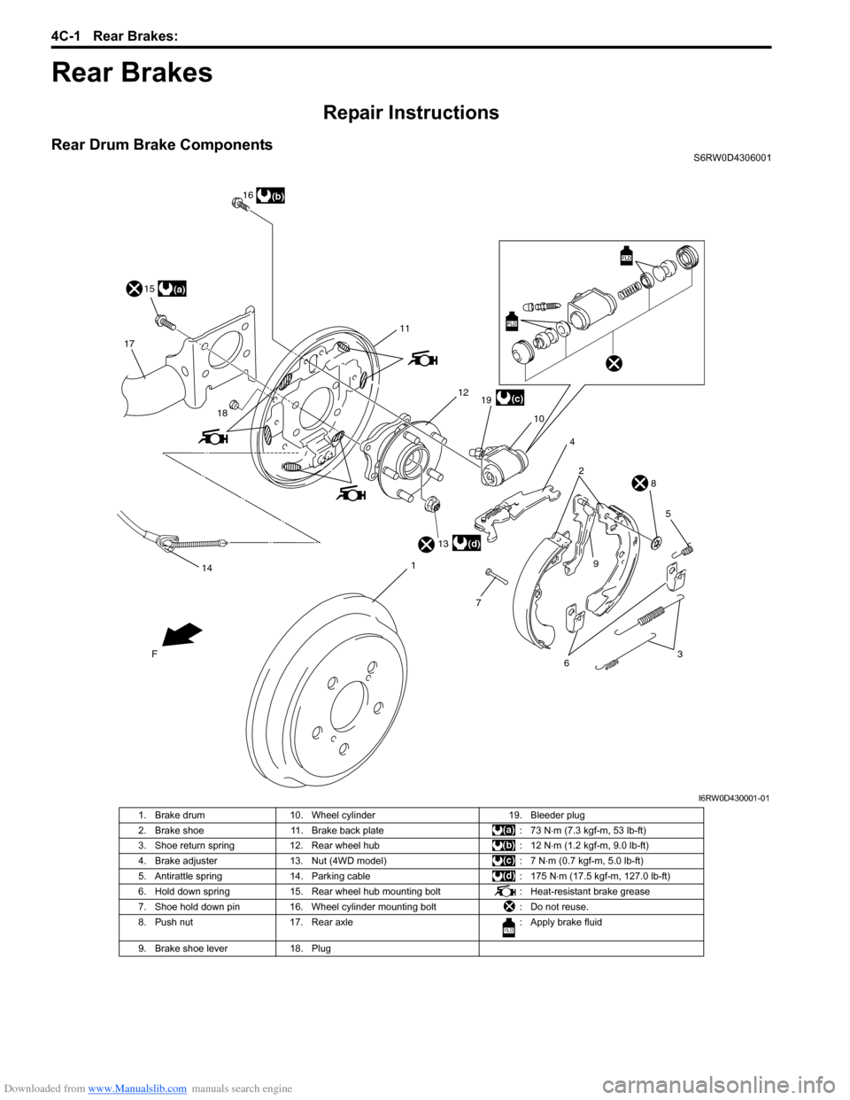 SUZUKI SX4 2006 1.G Service Workshop Manual Downloaded from www.Manualslib.com manuals search engine 4C-1 Rear Brakes:
Brakes
Rear Brakes
Repair Instructions
Rear Drum Brake ComponentsS6RW0D4306001
11
2
3
4
5
6 7
12
1411310 16
19 15
17
98
18
F SUZUKI SX4 2006 1.G Service Workshop Manual Downloaded from www.Manualslib.com manuals search engine 4C-1 Rear Brakes:
Brakes
Rear Brakes
Repair Instructions
Rear Drum Brake ComponentsS6RW0D4306001
11
2
3
4
5
6 7
12
1411310 16
19 15
17
98
18
F