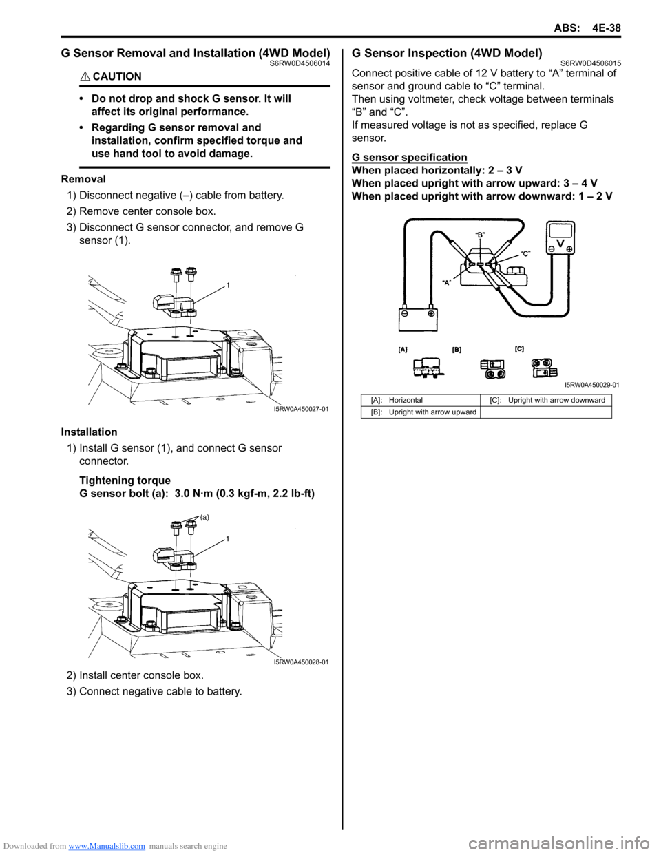 SUZUKI SX4 2006 1.G Service Workshop Manual Downloaded from www.Manualslib.com manuals search engine ABS: 4E-38
G Sensor Removal and Installation (4WD Model)S6RW0D4506014
CAUTION! 
• Do not drop and shock G sensor. It will 
affect its origina