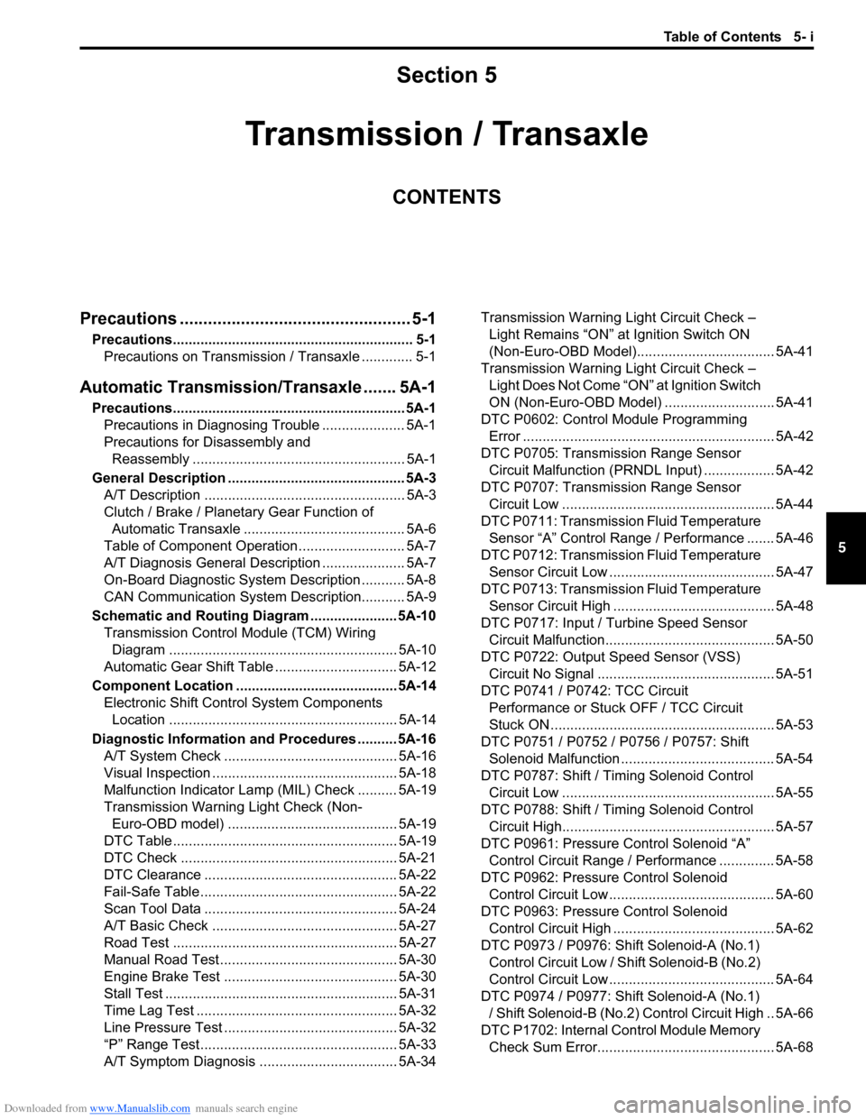 SUZUKI SX4 2006 1.G Service Workshop Manual Downloaded from www.Manualslib.com manuals search engine Table of Contents 5- i
5
Section 5
CONTENTS
Transmission / Transaxle
Precautions ................................................. 5-1
Precauti