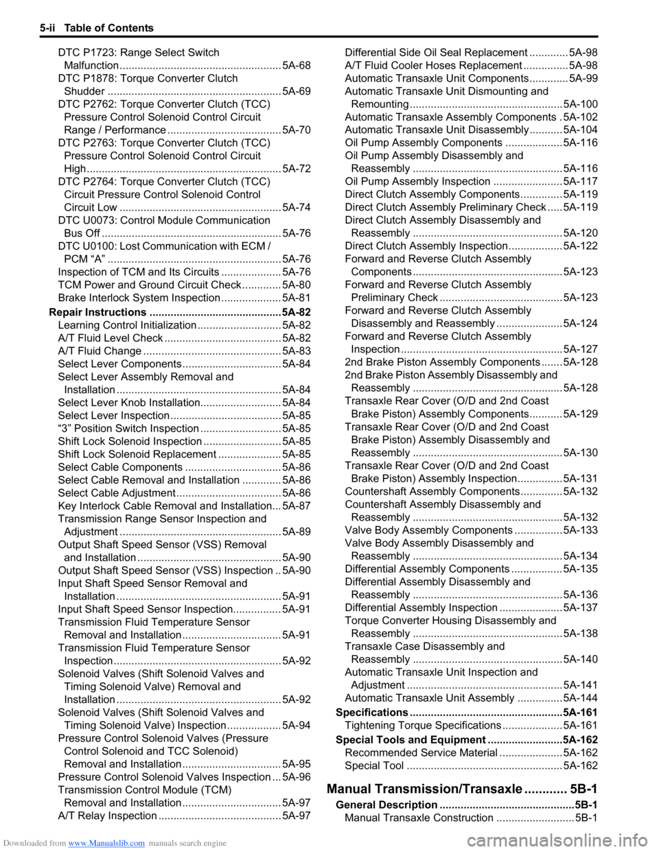 SUZUKI SX4 2006 1.G Service Workshop Manual Downloaded from www.Manualslib.com manuals search engine 5-ii Table of Contents
DTC P1723: Range Select Switch 
Malfunction ...................................................... 5A-68
DTC P1878: Torq