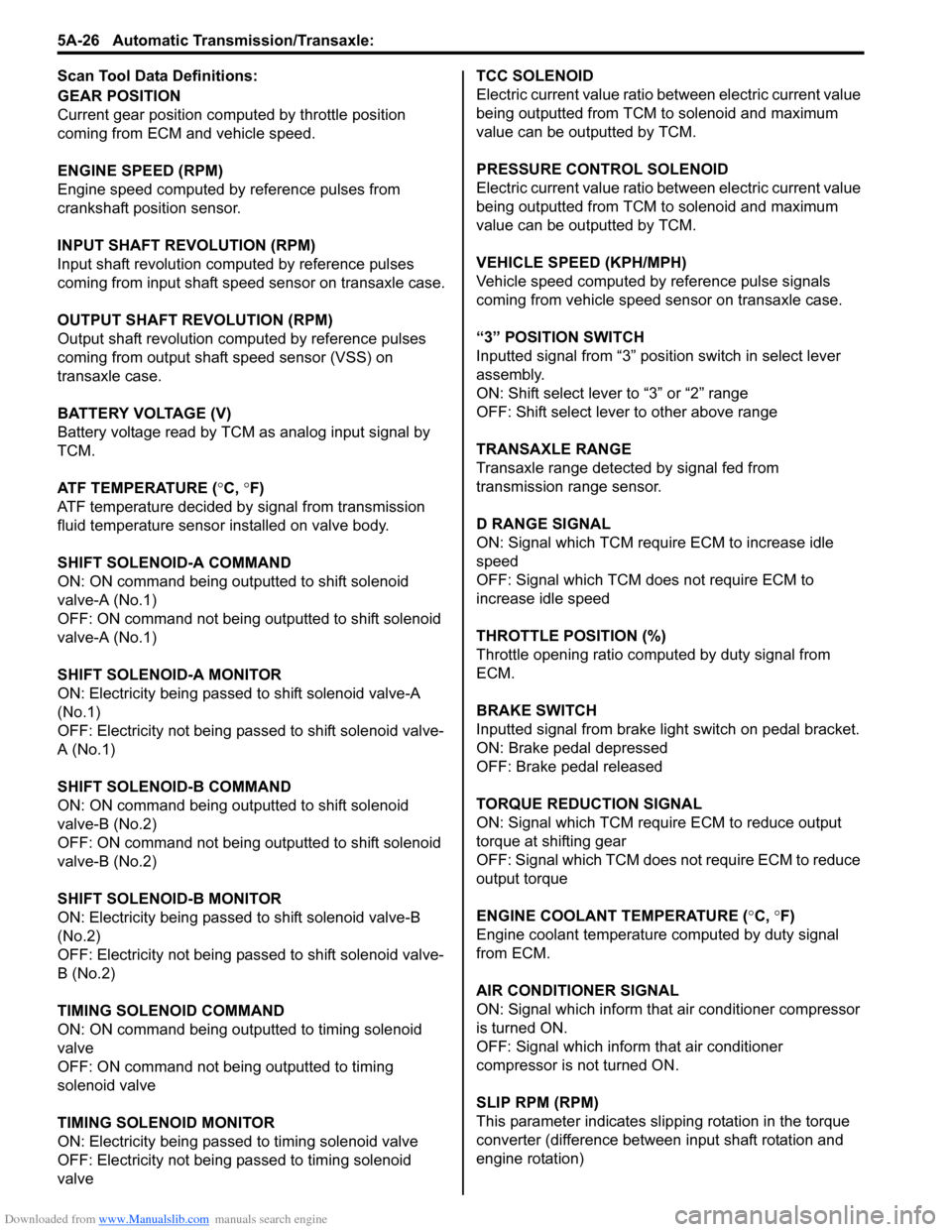 SUZUKI SX4 2006 1.G Service Workshop Manual Downloaded from www.Manualslib.com manuals search engine 5A-26 Automatic Transmission/Transaxle: 
Scan Tool Data Definitions:
GEAR POSITION
Current gear position computed by throttle position 
coming 