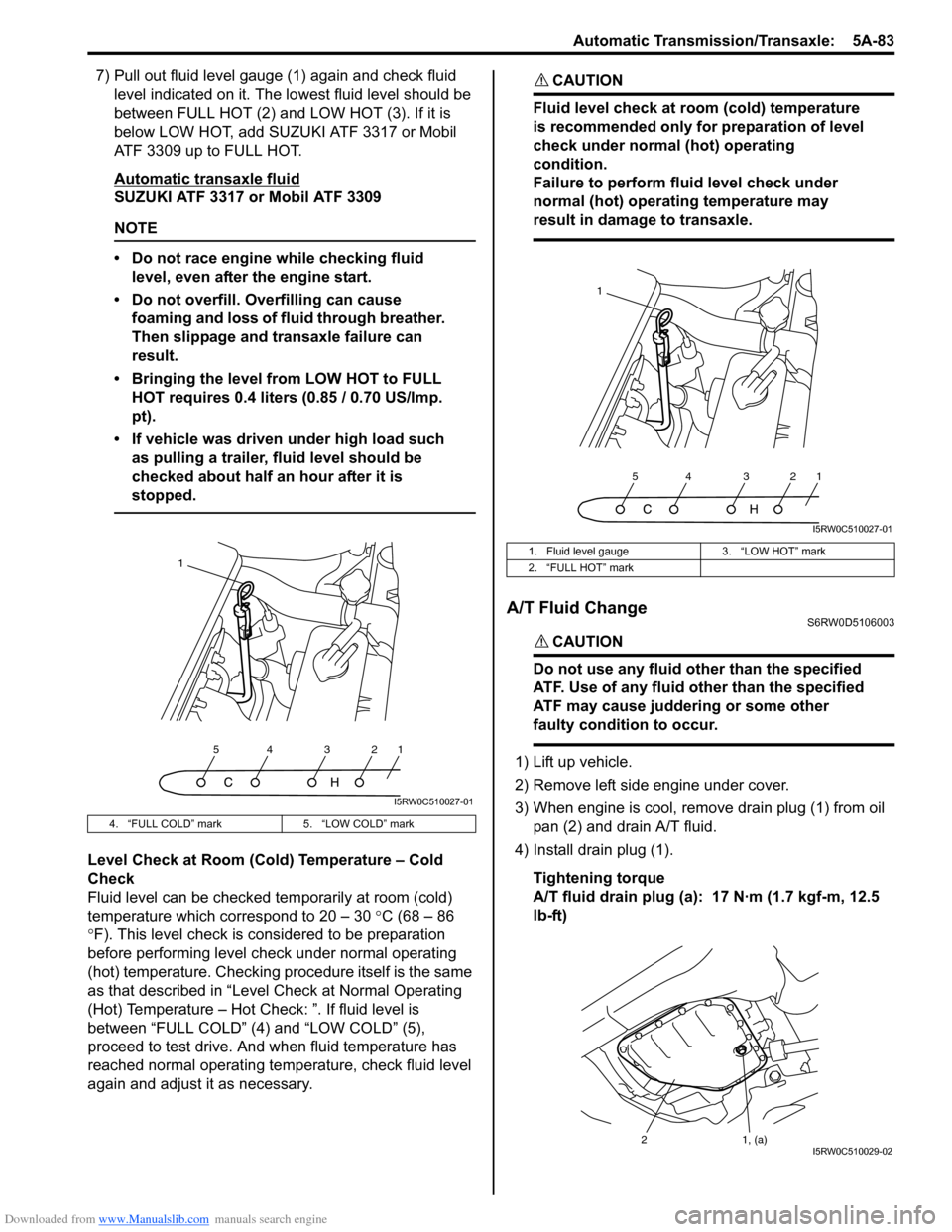 SUZUKI SX4 2006 1.G Service User Guide Downloaded from www.Manualslib.com manuals search engine Automatic Transmission/Transaxle:  5A-83
7) Pull out fluid level gauge (1) again and check fluid 
level indicated on it. The lowest fluid level