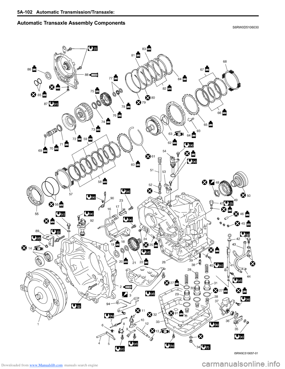 SUZUKI SX4 2006 1.G Service User Guide Downloaded from www.Manualslib.com manuals search engine 5A-102 Automatic Transmission/Transaxle:
Automatic Transaxle Assembly ComponentsS6RW0D5106030
I5RW0C510057-01 SUZUKI SX4 2006 1.G Service User Guide Downloaded from www.Manualslib.com manuals search engine 5A-102 Automatic Transmission/Transaxle:
Automatic Transaxle Assembly ComponentsS6RW0D5106030
I5RW0C510057-01