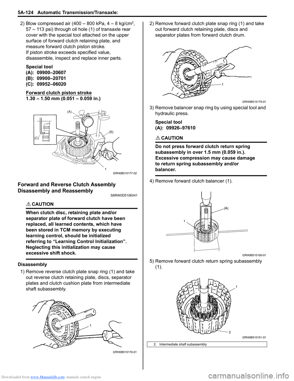 SUZUKI SX4 2006 1.G Service Workshop Manual Downloaded from www.Manualslib.com manuals search engine 5A-124 Automatic Transmission/Transaxle:
2) Blow compressed air (400 – 800 kPa, 4 – 8 kg/cm2,
57 – 113 psi) through oil hole (1) of tra SUZUKI SX4 2006 1.G Service Workshop Manual Downloaded from www.Manualslib.com manuals search engine 5A-124 Automatic Transmission/Transaxle:
2) Blow compressed air (400 – 800 kPa, 4 – 8 kg/cm2,
57 – 113 psi) through oil hole (1) of tra