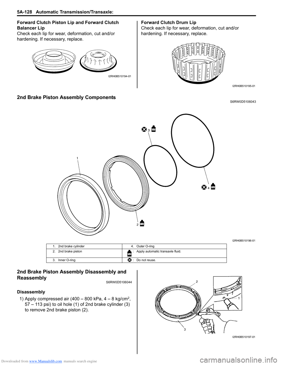 SUZUKI SX4 2006 1.G Service Workshop Manual Downloaded from www.Manualslib.com manuals search engine 5A-128 Automatic Transmission/Transaxle:
Forward Clutch Piston Lip and Forward Clutch
Balancer Lip
Check each lip for wear, deformation, cut SUZUKI SX4 2006 1.G Service Workshop Manual Downloaded from www.Manualslib.com manuals search engine 5A-128 Automatic Transmission/Transaxle:
Forward Clutch Piston Lip and Forward Clutch
Balancer Lip
Check each lip for wear, deformation, cut