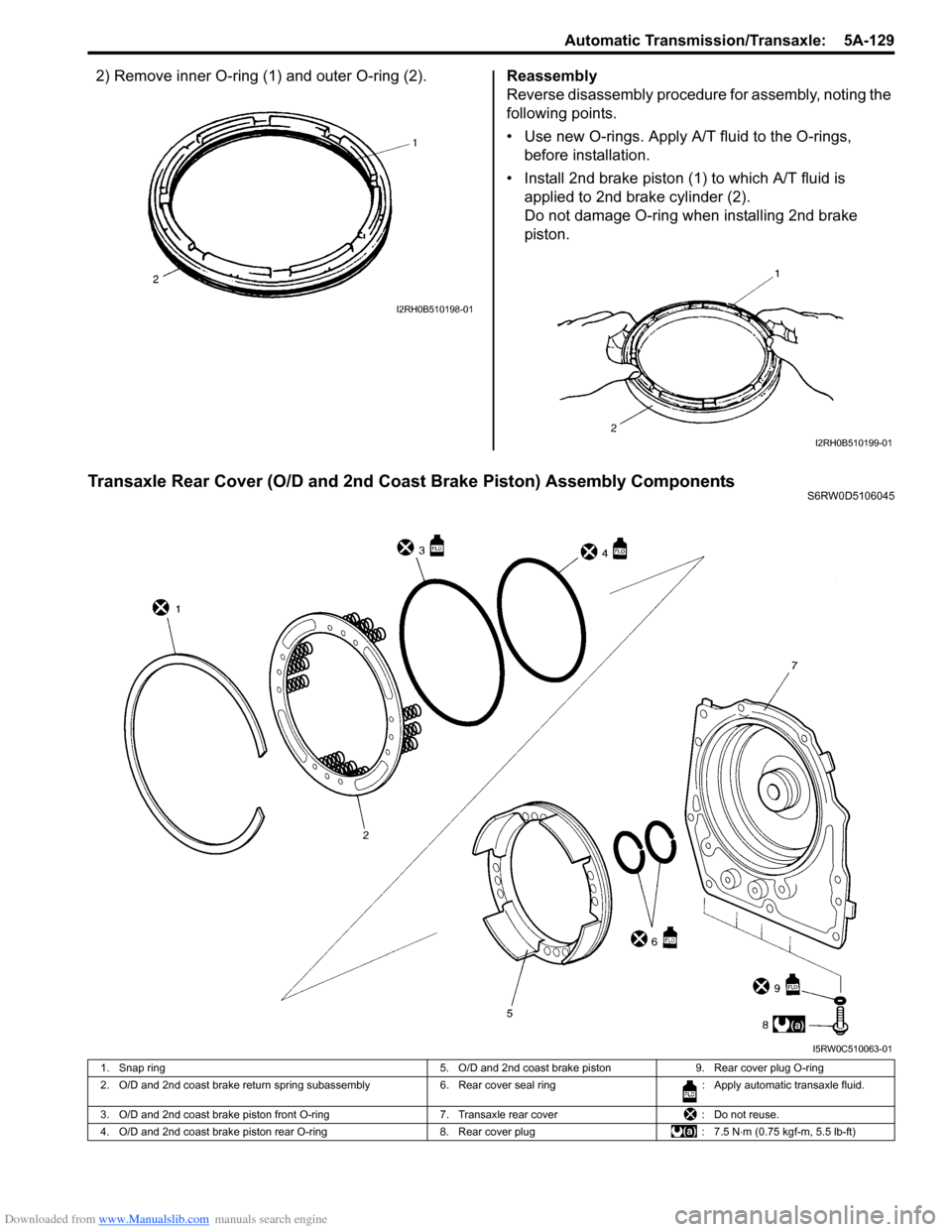 SUZUKI SX4 2006 1.G Service User Guide Downloaded from www.Manualslib.com manuals search engine Automatic Transmission/Transaxle: 5A-129
2) Remove inner O-ring (1) and outer O-ring (2).Reassembly
Reverse disassembly procedure for assembly SUZUKI SX4 2006 1.G Service User Guide Downloaded from www.Manualslib.com manuals search engine Automatic Transmission/Transaxle: 5A-129
2) Remove inner O-ring (1) and outer O-ring (2).Reassembly
Reverse disassembly procedure for assembly