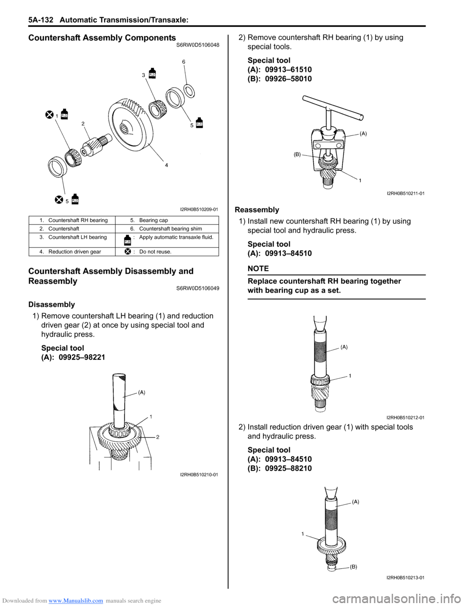 SUZUKI SX4 2006 1.G Service User Guide Downloaded from www.Manualslib.com manuals search engine 5A-132 Automatic Transmission/Transaxle:
Countershaft Assembly ComponentsS6RW0D5106048
Countershaft Assembly Disassembly and
Reassembly
S6RW0 SUZUKI SX4 2006 1.G Service User Guide Downloaded from www.Manualslib.com manuals search engine 5A-132 Automatic Transmission/Transaxle:
Countershaft Assembly ComponentsS6RW0D5106048
Countershaft Assembly Disassembly and
Reassembly
S6RW0