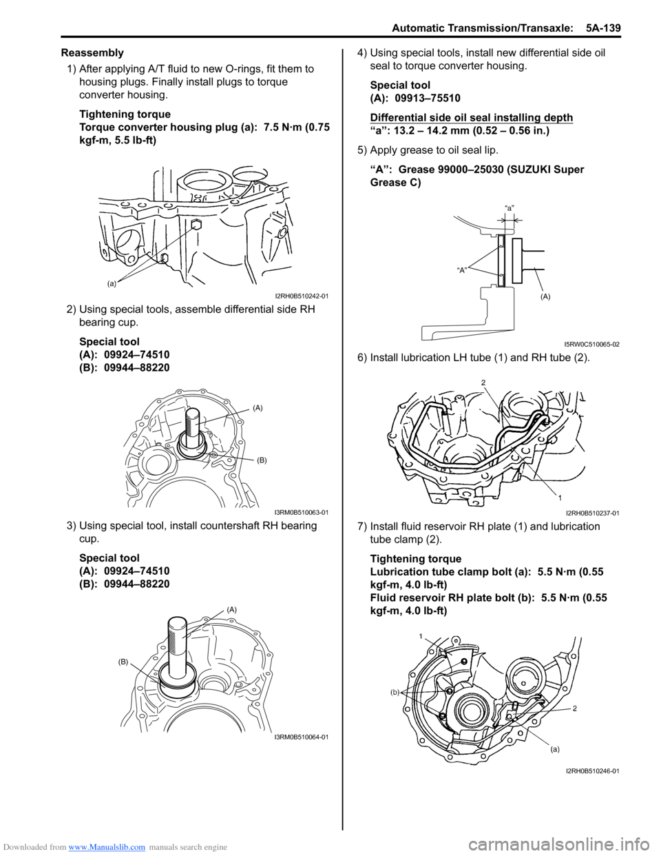 SUZUKI SX4 2006 1.G Service Workshop Manual Downloaded from www.Manualslib.com manuals search engine Automatic Transmission/Transaxle: 5A-139
Reassembly
1) After applying A/T fluid to new O-rings, fit them to
housing plugs. Finally install pl SUZUKI SX4 2006 1.G Service Workshop Manual Downloaded from www.Manualslib.com manuals search engine Automatic Transmission/Transaxle: 5A-139
Reassembly
1) After applying A/T fluid to new O-rings, fit them to
housing plugs. Finally install pl