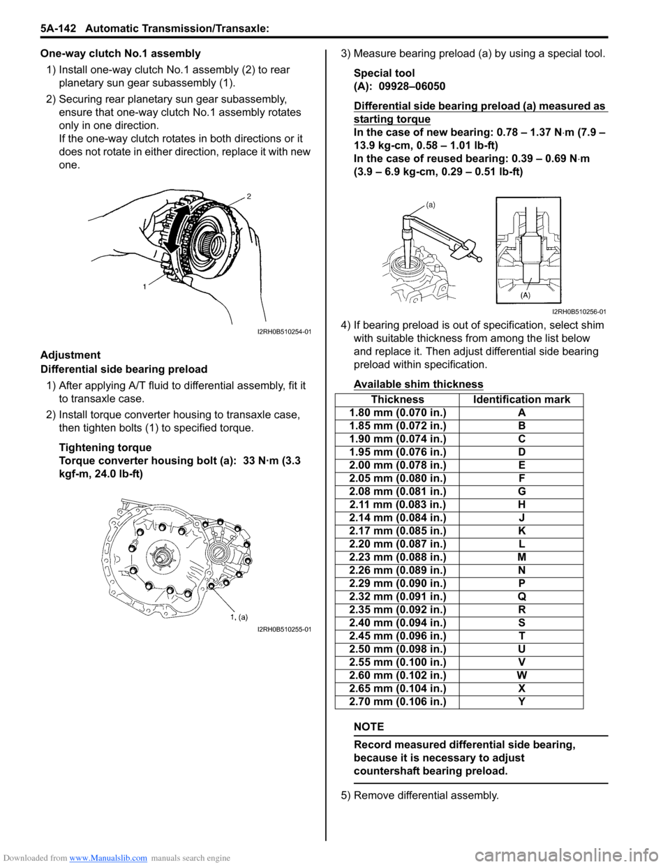 SUZUKI SX4 2006 1.G Service Workshop Manual Downloaded from www.Manualslib.com manuals search engine 5A-142 Automatic Transmission/Transaxle:
One-way clutch No.1 assembly
1) Install one-way clutch No.1 assembly (2) to rear
planetary sun gear SUZUKI SX4 2006 1.G Service Workshop Manual Downloaded from www.Manualslib.com manuals search engine 5A-142 Automatic Transmission/Transaxle:
One-way clutch No.1 assembly
1) Install one-way clutch No.1 assembly (2) to rear
planetary sun gear