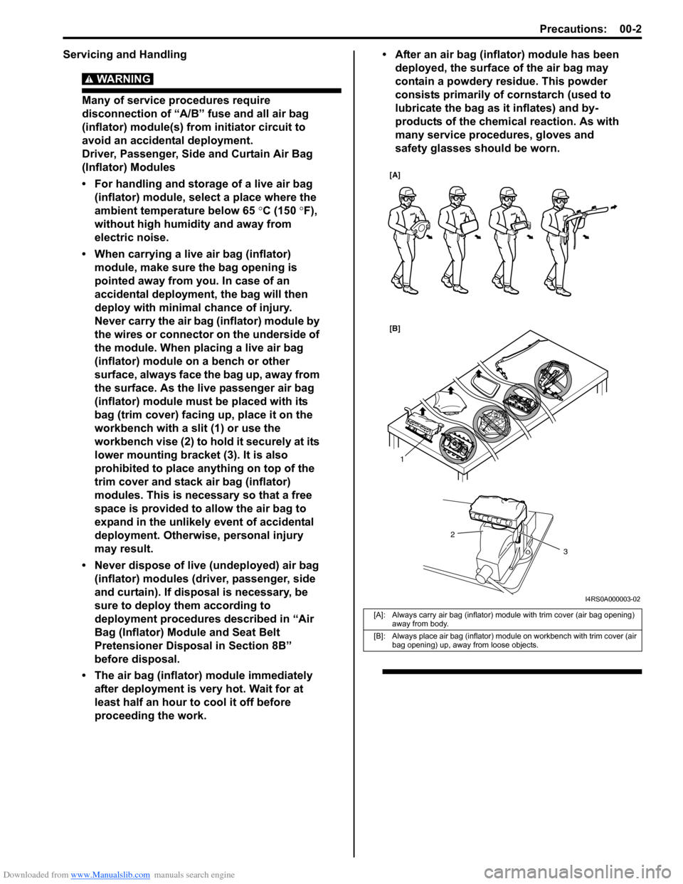 SUZUKI SX4 2006 1.G Service Workshop Manual Downloaded from www.Manualslib.com manuals search engine Precautions: 00-2
Servicing and Handling
WARNING! 
Many of service procedures require 
disconnection of “A/B” fuse and all air bag 
(inflat