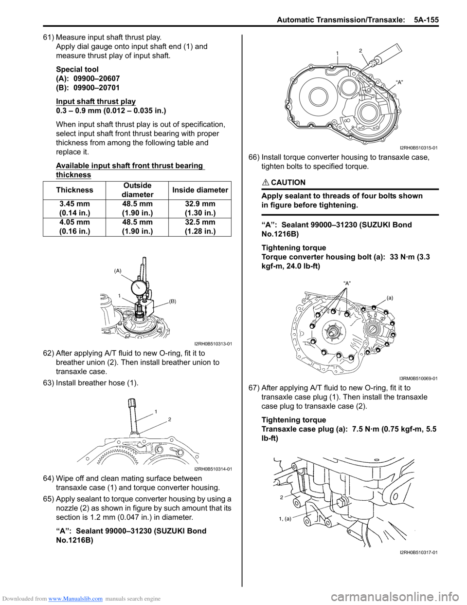SUZUKI SX4 2006 1.G Service Workshop Manual Downloaded from www.Manualslib.com manuals search engine Automatic Transmission/Transaxle: 5A-155
61) Measure input shaft thrust play.
Apply dial gauge onto input shaft end (1) and
measure thrust pl SUZUKI SX4 2006 1.G Service Workshop Manual Downloaded from www.Manualslib.com manuals search engine Automatic Transmission/Transaxle: 5A-155
61) Measure input shaft thrust play.
Apply dial gauge onto input shaft end (1) and
measure thrust pl