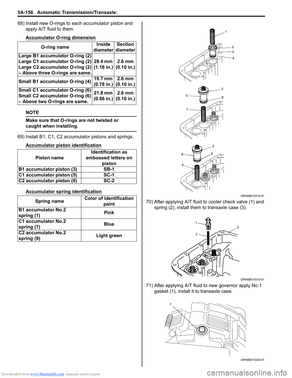 SUZUKI SX4 2006 1.G Service Workshop Manual Downloaded from www.Manualslib.com manuals search engine 5A-156 Automatic Transmission/Transaxle: 
68) Install new O-rings to each accumulator piston and 
apply A/T fluid to them.
Accumulator O-ring d