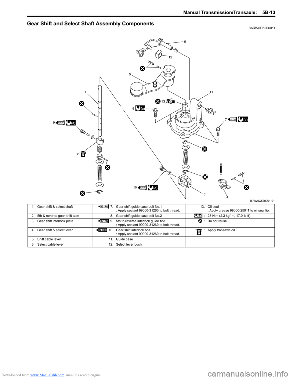 SUZUKI SX4 2006 1.G Service Workshop Manual Downloaded from www.Manualslib.com manuals search engine Manual Transmission/Transaxle: 5B-13
Gear Shift and Select Shaft Assembly ComponentsS6RW0D5206011
1
10
3
4
9
2
6
12
7
11
5
8(a)
(a)
(a)
(a)121 SUZUKI SX4 2006 1.G Service Workshop Manual Downloaded from www.Manualslib.com manuals search engine Manual Transmission/Transaxle: 5B-13
Gear Shift and Select Shaft Assembly ComponentsS6RW0D5206011
1
10
3
4
9
2
6
12
7
11
5
8(a)
(a)
(a)
(a)121