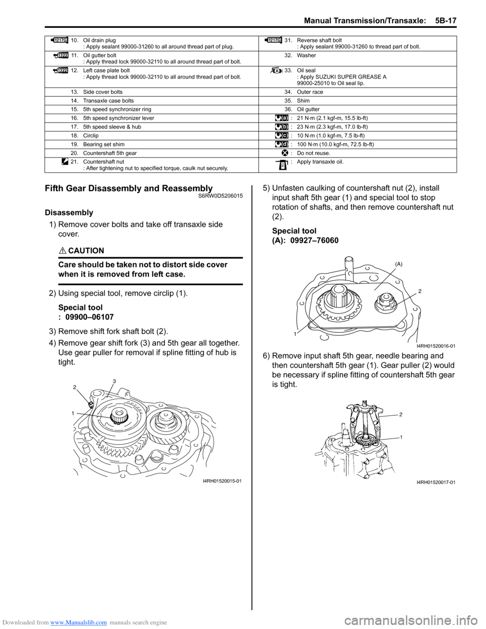 SUZUKI SX4 2006 1.G Service Workshop Manual Downloaded from www.Manualslib.com manuals search engine Manual Transmission/Transaxle: 5B-17
Fifth Gear Disassembly and ReassemblyS6RW0D5206015
Disassembly
1) Remove cover bolts and take off transax SUZUKI SX4 2006 1.G Service Workshop Manual Downloaded from www.Manualslib.com manuals search engine Manual Transmission/Transaxle: 5B-17
Fifth Gear Disassembly and ReassemblyS6RW0D5206015
Disassembly
1) Remove cover bolts and take off transax