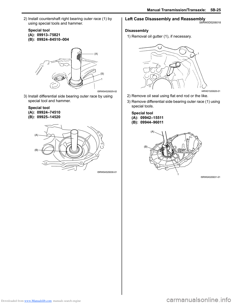 SUZUKI SX4 2006 1.G Service Workshop Manual Downloaded from www.Manualslib.com manuals search engine Manual Transmission/Transaxle: 5B-25
2) Install countershaft right bearing outer race (1) by
using special tools and hammer.
Special tool
(A) SUZUKI SX4 2006 1.G Service Workshop Manual Downloaded from www.Manualslib.com manuals search engine Manual Transmission/Transaxle: 5B-25
2) Install countershaft right bearing outer race (1) by
using special tools and hammer.
Special tool
(A)
