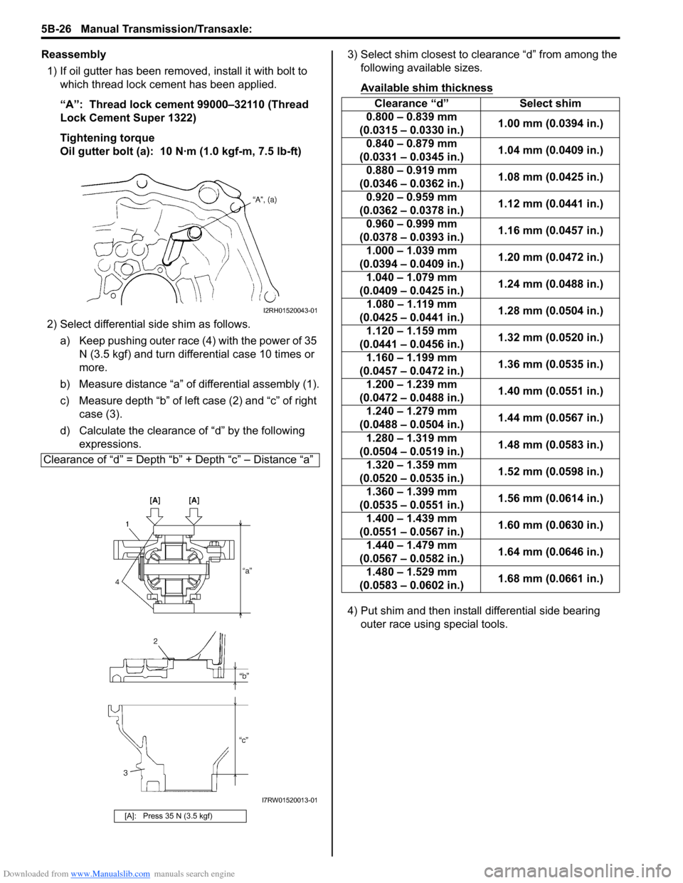 SUZUKI SX4 2006 1.G Service Workshop Manual Downloaded from www.Manualslib.com manuals search engine 5B-26 Manual Transmission/Transaxle:
Reassembly
1) If oil gutter has been removed, install it with bolt to
which thread lock cement has been SUZUKI SX4 2006 1.G Service Workshop Manual Downloaded from www.Manualslib.com manuals search engine 5B-26 Manual Transmission/Transaxle:
Reassembly
1) If oil gutter has been removed, install it with bolt to
which thread lock cement has been