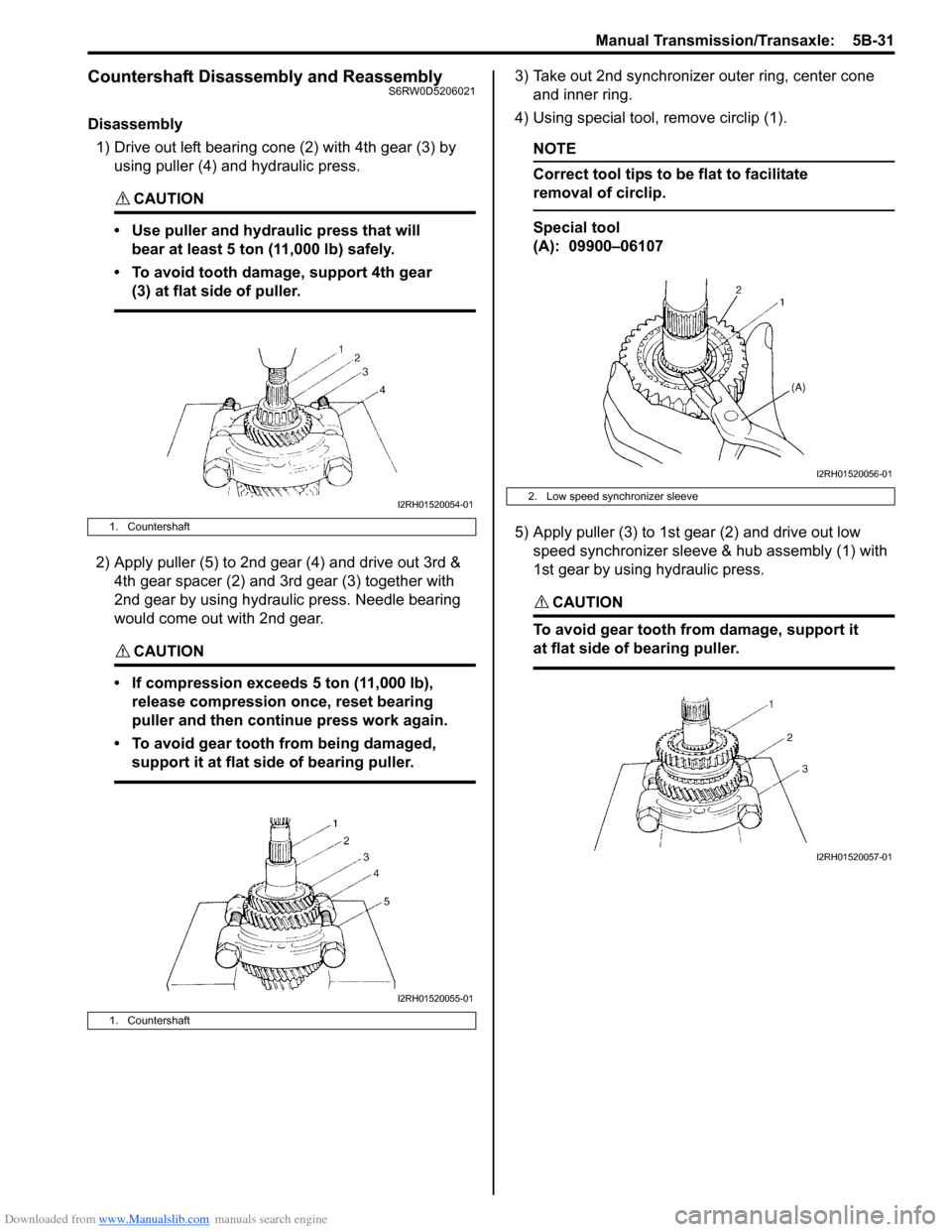 SUZUKI SX4 2006 1.G Service Workshop Manual Downloaded from www.Manualslib.com manuals search engine Manual Transmission/Transaxle:  5B-31
Countershaft Disassembly and ReassemblyS6RW0D5206021
Disassembly
1) Drive out left bearing cone (2) with 
