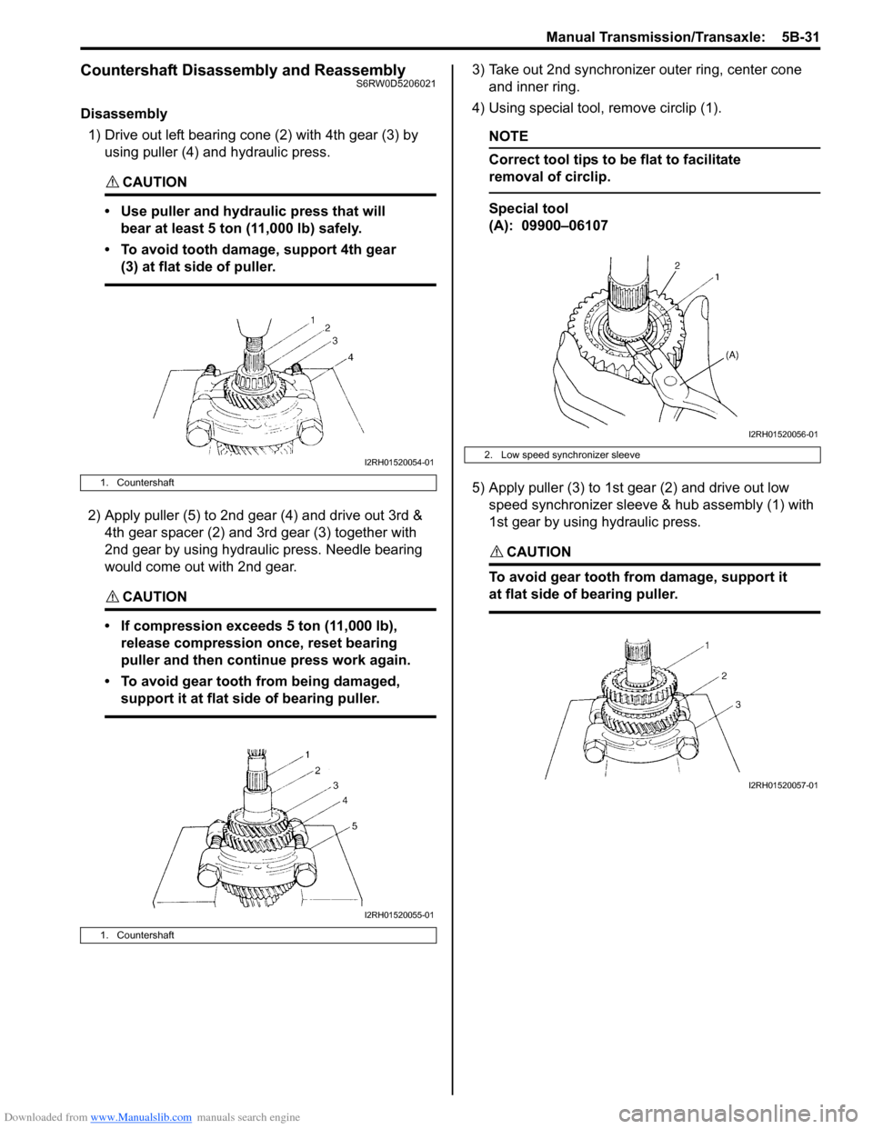 SUZUKI SX4 2006 1.G Service Workshop Manual Downloaded from www.Manualslib.com manuals search engine Manual Transmission/Transaxle: 5B-31
Countershaft Disassembly and ReassemblyS6RW0D5206021
Disassembly
1) Drive out left bearing cone (2) with SUZUKI SX4 2006 1.G Service Workshop Manual Downloaded from www.Manualslib.com manuals search engine Manual Transmission/Transaxle: 5B-31
Countershaft Disassembly and ReassemblyS6RW0D5206021
Disassembly
1) Drive out left bearing cone (2) with