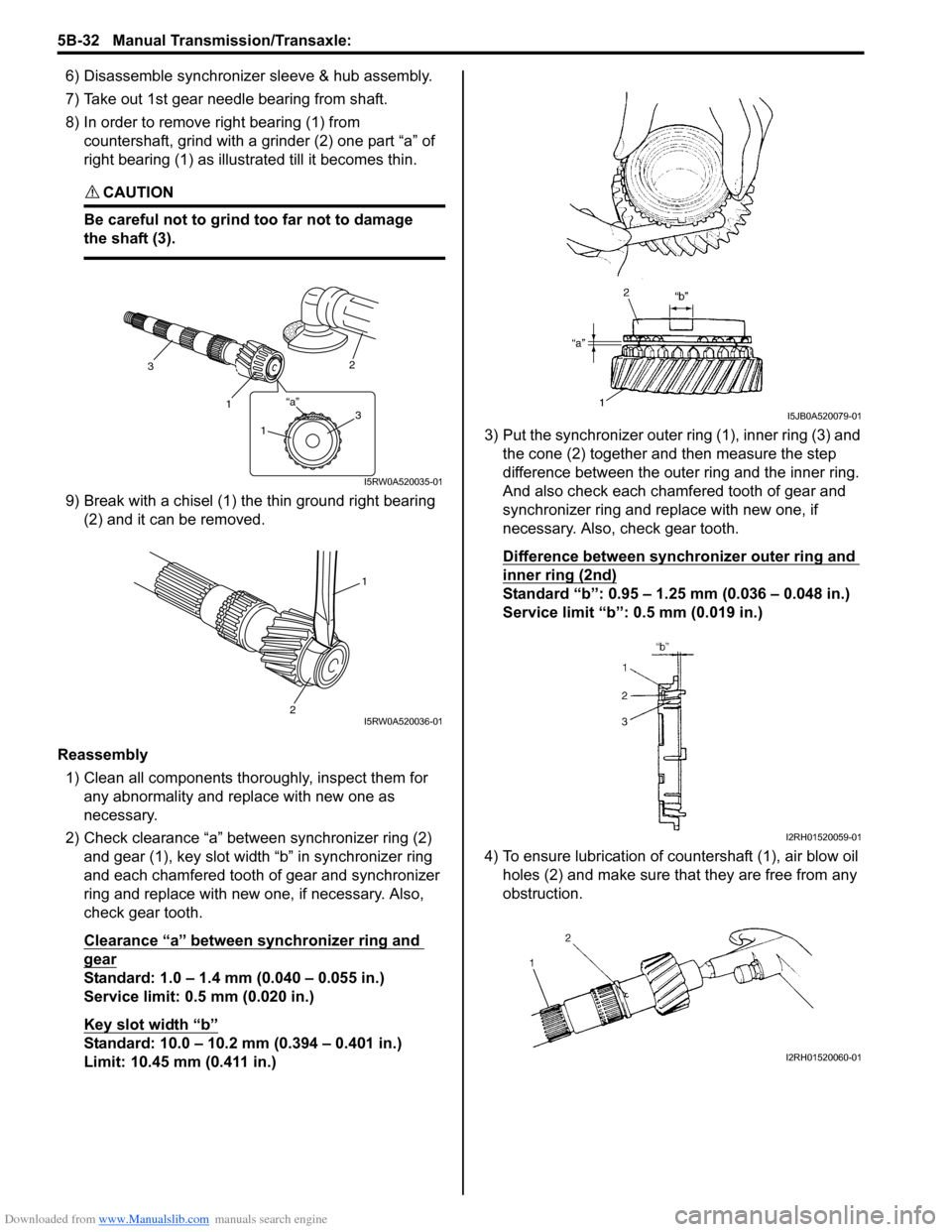 SUZUKI SX4 2006 1.G Service User Guide Downloaded from www.Manualslib.com manuals search engine 5B-32 Manual Transmission/Transaxle: 
6) Disassemble synchronizer sleeve & hub assembly.
7) Take out 1st gear needle bearing from shaft.
8) In 