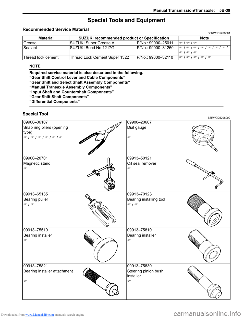 SUZUKI SX4 2006 1.G Service Workshop Manual Downloaded from www.Manualslib.com manuals search engine Manual Transmission/Transaxle:  5B-39
Special Tools and Equipment
Recommended Service MaterialS6RW0D5208001
NOTE
Required service material is a