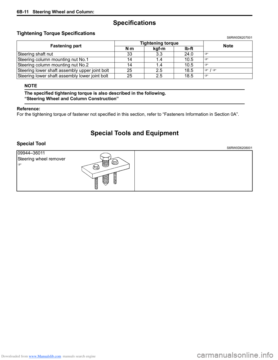 SUZUKI SX4 2006 1.G Service Workshop Manual Downloaded from www.Manualslib.com manuals search engine 6B-11 Steering Wheel and Column:
Specifications
Tightening Torque SpecificationsS6RW0D6207001
NOTE
The specified tightening torque is also des SUZUKI SX4 2006 1.G Service Workshop Manual Downloaded from www.Manualslib.com manuals search engine 6B-11 Steering Wheel and Column:
Specifications
Tightening Torque SpecificationsS6RW0D6207001
NOTE
The specified tightening torque is also des