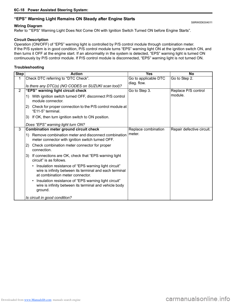 SUZUKI SX4 2006 1.G Service Owners Manual Downloaded from www.Manualslib.com manuals search engine 6C-18 Power Assisted Steering System: 
“EPS” Warning Light Remains ON Steady after Engine StartsS6RW0D6304011
Wiring Diagram
Refer to “�