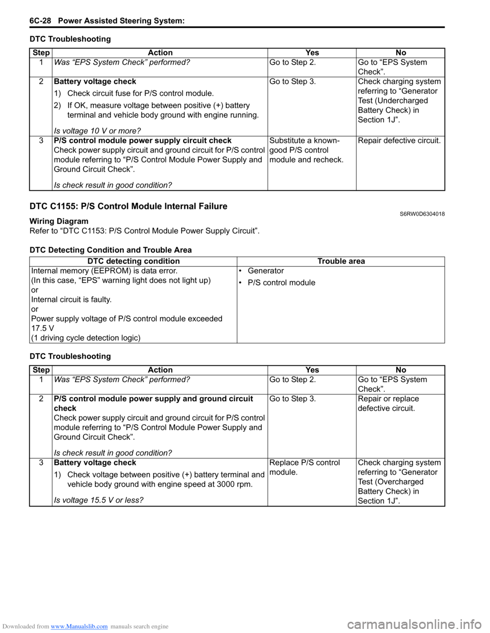 SUZUKI SX4 2006 1.G Service Workshop Manual Downloaded from www.Manualslib.com manuals search engine 6C-28 Power Assisted Steering System: 
DTC Troubleshooting
DTC C1155: P/S Control Module Internal FailureS6RW0D6304018
Wiring Diagram
Refer to 