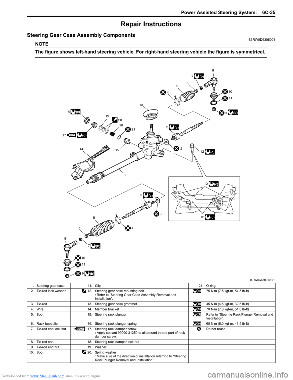 SUZUKI SX4 2006 1.G Service Workshop Manual Downloaded from www.Manualslib.com manuals search engine Power Assisted Steering System: 6C-35
Repair Instructions
Steering Gear Case Assembly ComponentsS6RW0D6306001
NOTE
The figure shows left-hand SUZUKI SX4 2006 1.G Service Workshop Manual Downloaded from www.Manualslib.com manuals search engine Power Assisted Steering System: 6C-35
Repair Instructions
Steering Gear Case Assembly ComponentsS6RW0D6306001
NOTE
The figure shows left-hand