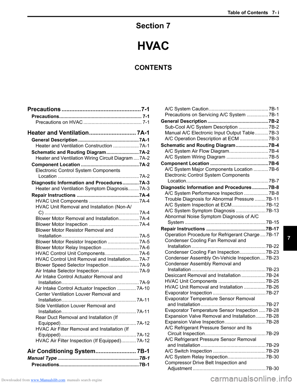 SUZUKI SX4 2006 1.G Service Workshop Manual Downloaded from www.Manualslib.com manuals search engine Table of Contents 7- i
7
Section 7
CONTENTS
HVAC
Precautions ................................................. 7-1
Precautions.................