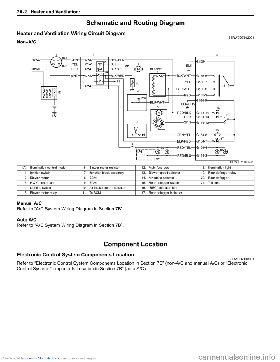 SUZUKI SX4 2006 1.G Service Workshop Manual Downloaded from www.Manualslib.com manuals search engine 7A-2 Heater and Ventilation: 
Schematic and Routing Diagram
Heater and Ventilation Wiring Circuit DiagramS6RW0D7102001
Non–A/C
Manual A/C
Ref