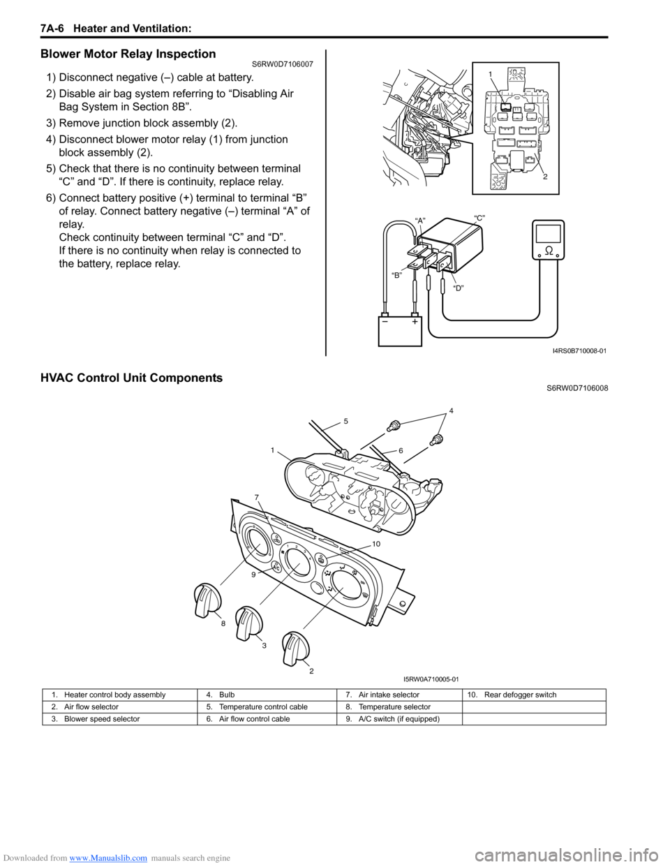 SUZUKI SX4 2006 1.G Service Workshop Manual Downloaded from www.Manualslib.com manuals search engine 7A-6 Heater and Ventilation: 
Blower Motor Relay InspectionS6RW0D7106007
1) Disconnect negative (–) cable at battery.
2) Disable air bag syst