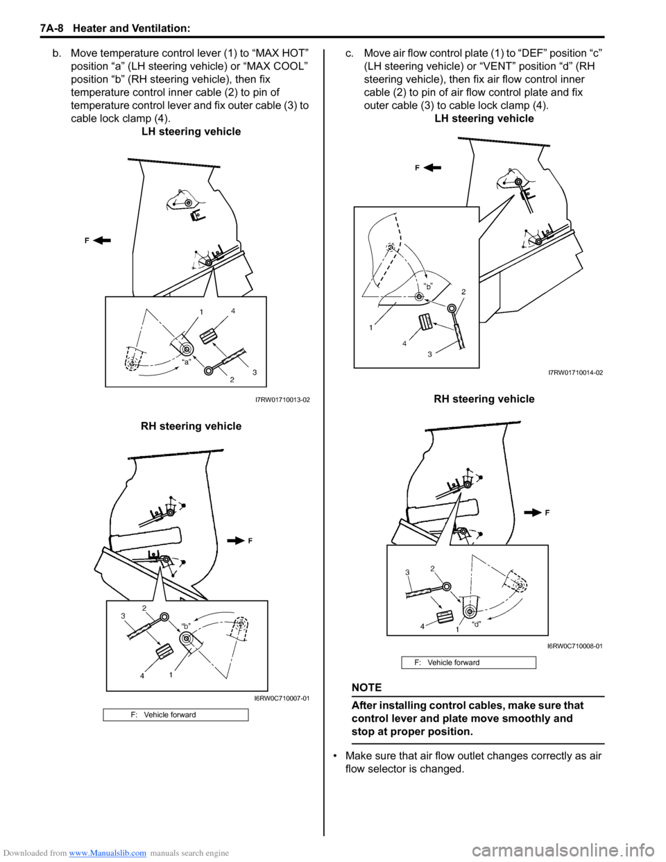 SUZUKI SX4 2006 1.G Service Workshop Manual Downloaded from www.Manualslib.com manuals search engine 7A-8 Heater and Ventilation:
b. Move temperature control lever (1) to “MAX HOT”
position “a” (LH steering vehicle) or “MAX COOL” SUZUKI SX4 2006 1.G Service Workshop Manual Downloaded from www.Manualslib.com manuals search engine 7A-8 Heater and Ventilation:
b. Move temperature control lever (1) to “MAX HOT”
position “a” (LH steering vehicle) or “MAX COOL”