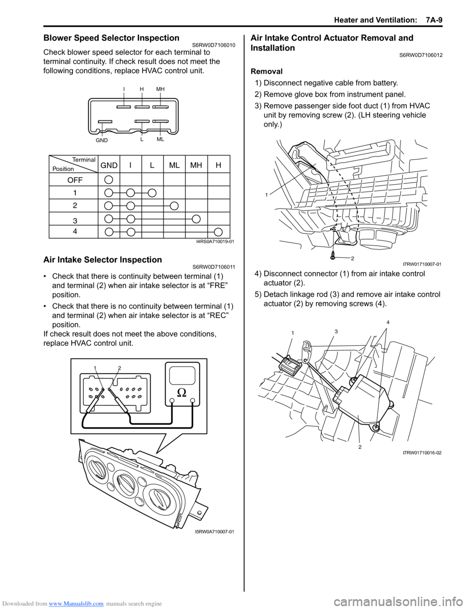 SUZUKI SX4 2006 1.G Service Workshop Manual Downloaded from www.Manualslib.com manuals search engine Heater and Ventilation:  7A-9
Blower Speed Selector InspectionS6RW0D7106010
Check blower speed selector for each terminal to 
terminal continui