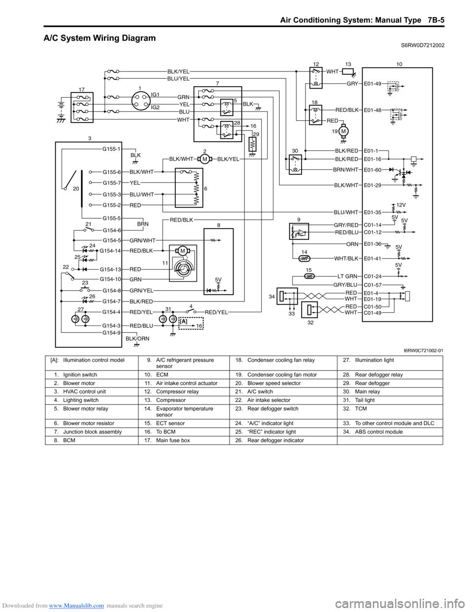 SUZUKI SX4 2006 1.G Service Workshop Manual Downloaded from www.Manualslib.com manuals search engine Air Conditioning System: Manual Type 7B-5
A/C System Wiring DiagramS6RW0D7212002
[A]
7
WHT
GRN5YELBLK
3
G154-3
G154-4
G154-7
G154-8
G154-10
G15