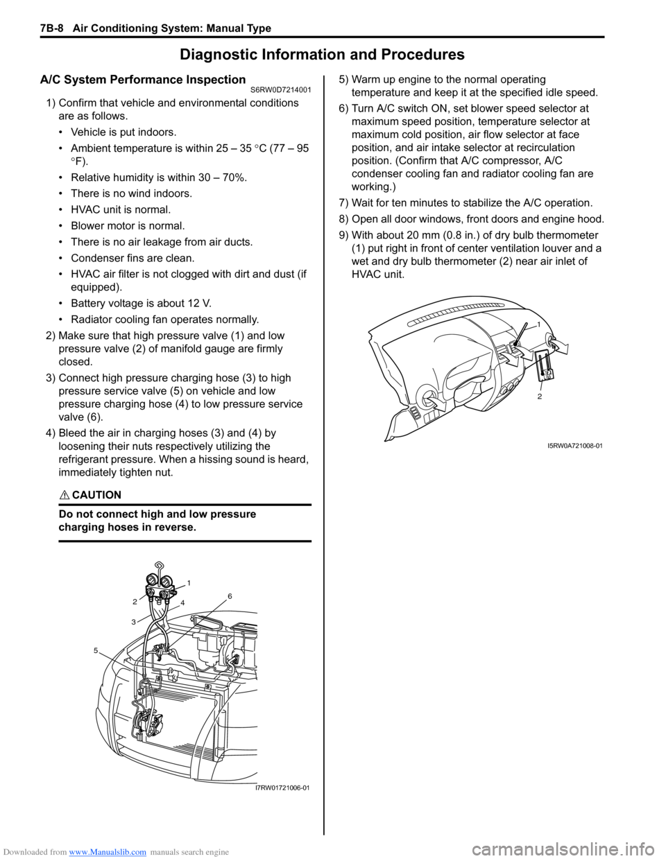 SUZUKI SX4 2006 1.G Service Workshop Manual Downloaded from www.Manualslib.com manuals search engine 7B-8 Air Conditioning System: Manual Type
Diagnostic Information and Procedures
A/C System Performance InspectionS6RW0D7214001
1) Confirm that 