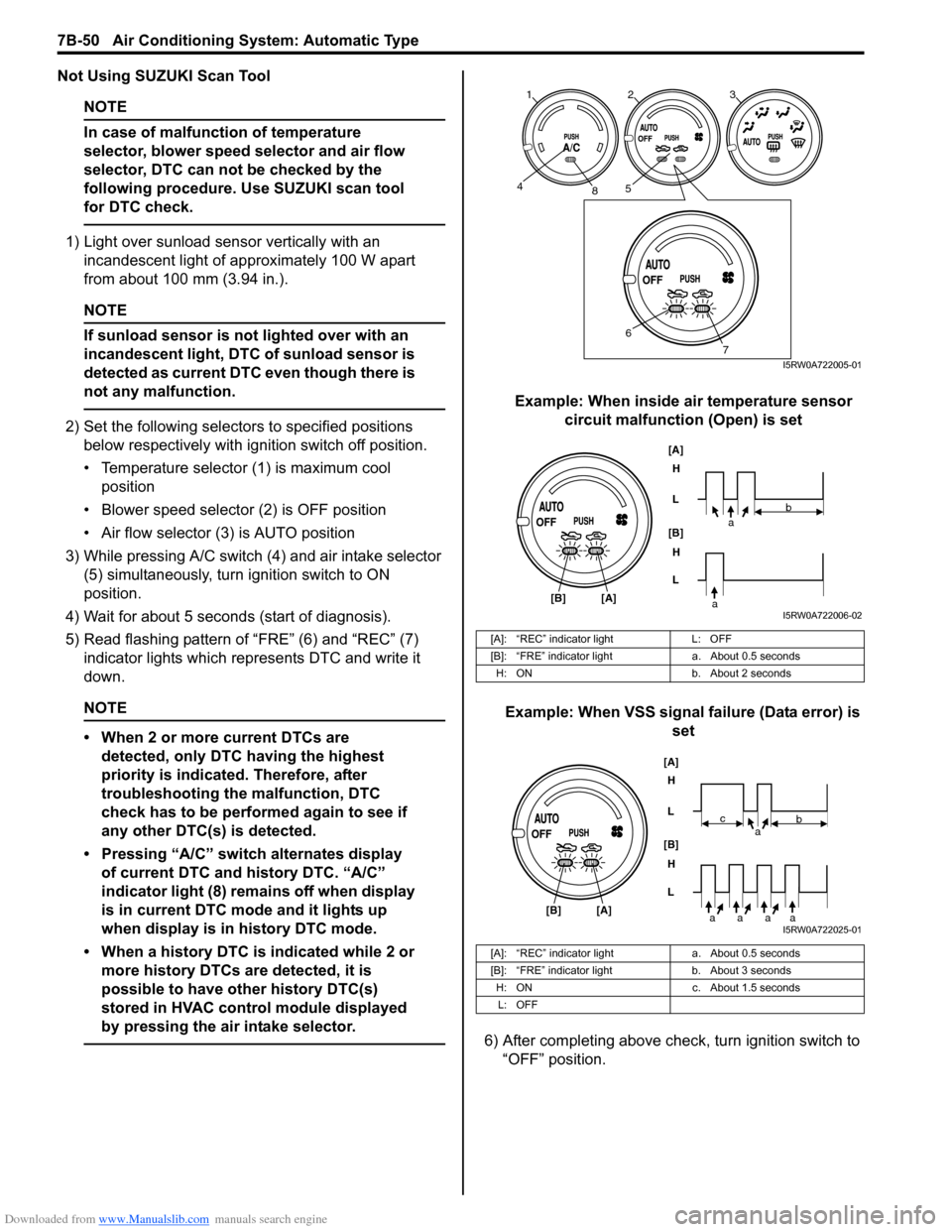 SUZUKI SX4 2006 1.G Service Service Manual Downloaded from www.Manualslib.com manuals search engine 7B-50 Air Conditioning System: Automatic Type
Not Using SUZUKI Scan Tool
NOTE
In case of malfunction of temperature 
selector, blower speed sel