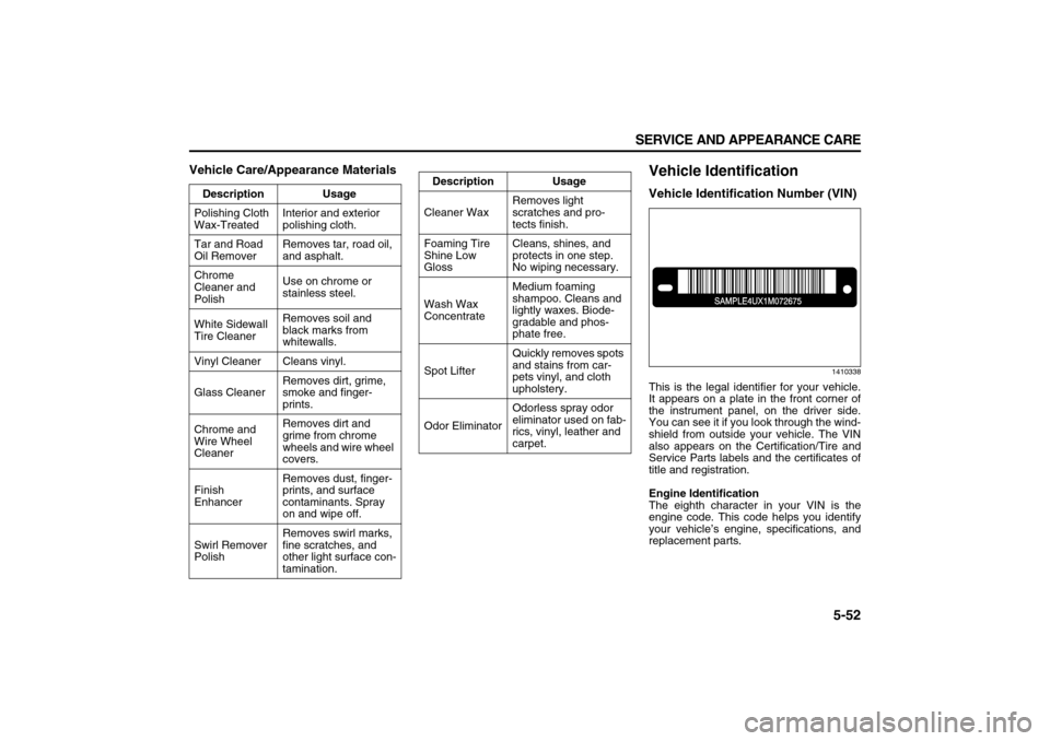 SUZUKI XL7 2007 2.G Owners Manual 5-52 SERVICE AND APPEARANCE CARE
78J00-03E
Vehicle Care/Appearance Materials
Vehicle IdentificationVehicle Identification Number (VIN)
1410338
This is the legal identifier for your vehicle.
It appears SUZUKI XL7 2007 2.G Owners Manual 5-52 SERVICE AND APPEARANCE CARE
78J00-03E
Vehicle Care/Appearance Materials
Vehicle IdentificationVehicle Identification Number (VIN)
1410338
This is the legal identifier for your vehicle.
It appears