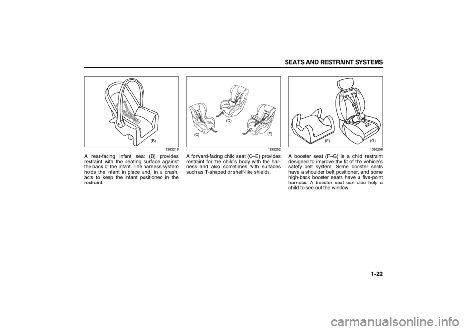 SUZUKI XL7 2007 2.G Owners Guide 1-22 SEATS AND RESTRAINT SYSTEMS
78J00-03E
1383218
A rear-facing infant seat (B) provides
restraint with the seating surface against
the back of the infant. The harness system
holds the infant in plac SUZUKI XL7 2007 2.G Owners Guide 1-22 SEATS AND RESTRAINT SYSTEMS
78J00-03E
1383218
A rear-facing infant seat (B) provides
restraint with the seating surface against
the back of the infant. The harness system
holds the infant in plac