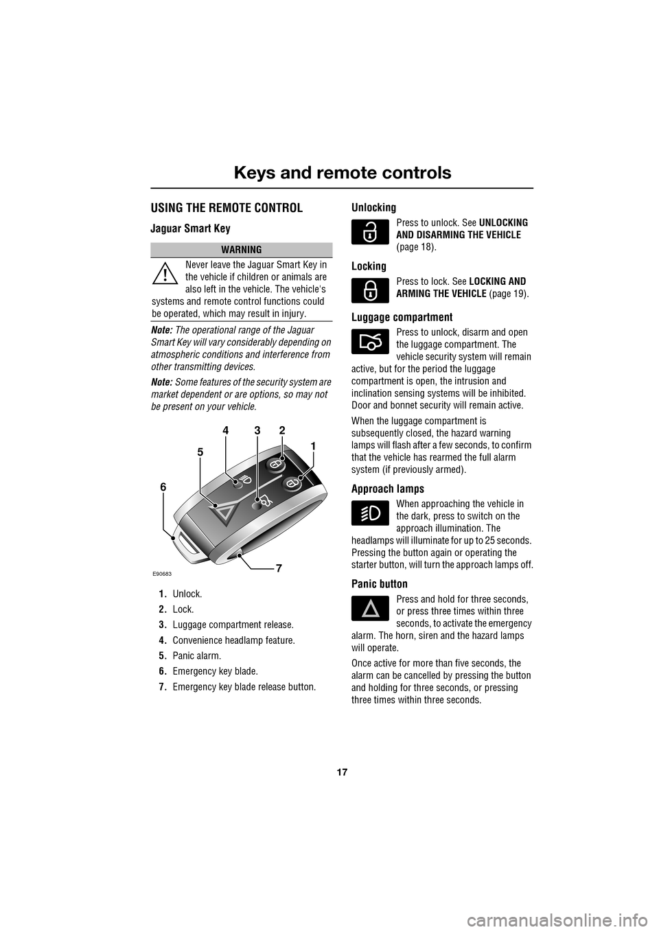 JAGUAR XF 2009 1.G Owners Manual 17
Keys and remote controls
               
USING THE REMOTE CONTROL
Jaguar Smart Key
Note: The operational range of the Jaguar 
Smart Key will vary considerably depending on 
atmospheric conditions a