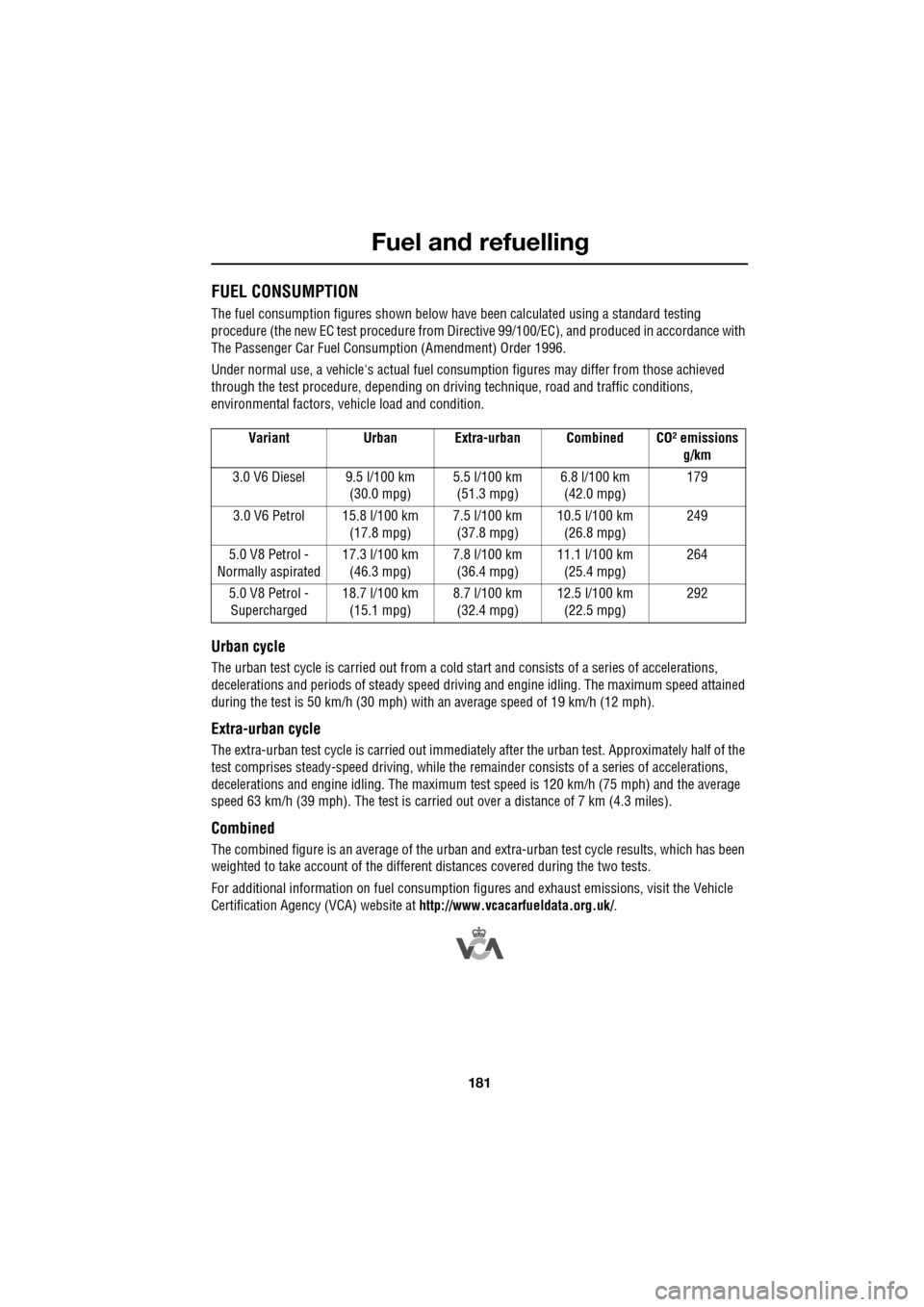 JAGUAR XF 2009 1.G Owners Manual 181
Fuel and refuelling
               
FUEL CONSUMPTION
The fuel consumption figures shown below have been calculated using a standard testing 
procedure (the new EC test proc edure from Directive 99