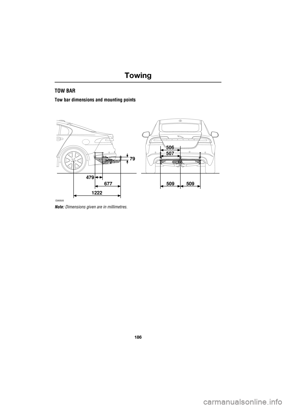 JAGUAR XF 2009 1.G Owners Manual Towing
186
               
TOW BAR
Tow bar dimensions and mounting points
Note: Dimensions given ar e in millimetres.
E95505
479
677 509 509
1222 79
506
507 