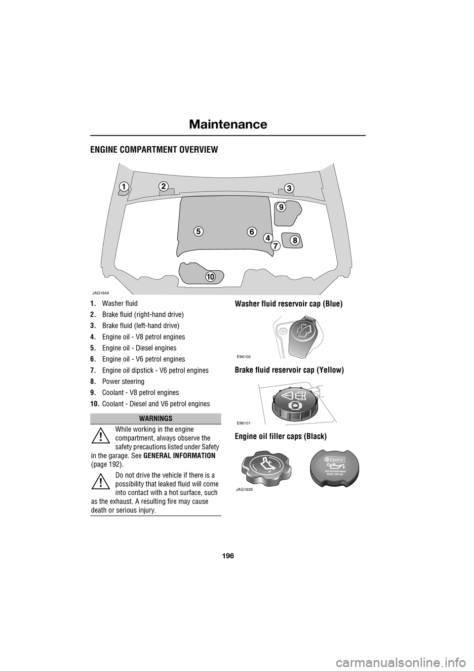 JAGUAR XF 2009 1.G Owners Manual Maintenance
196
ENGINE COMPARTMENT OVERVIEW
1.Washer fluid
2. Brake fluid (right-hand drive)
3. Brake fluid (left-hand drive)
4. Engine oil - V8 petrol engines
5. Engine oil - Diesel e JAGUAR XF 2009 1.G Owners Manual Maintenance
196
ENGINE COMPARTMENT OVERVIEW
1.Washer fluid
2. Brake fluid (right-hand drive)
3. Brake fluid (left-hand drive)
4. Engine oil - V8 petrol engines
5. Engine oil - Diesel e
