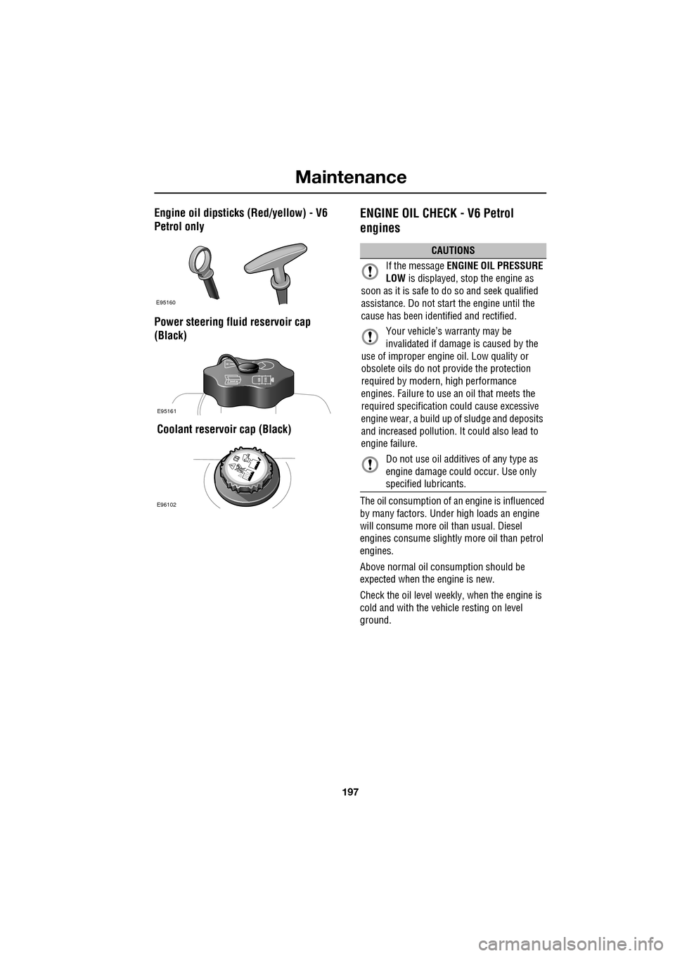 JAGUAR XF 2009 1.G Owners Manual 197
Maintenance
               
Engine oil dipsticks (Red/yellow) - V6 
Petrol only
Power steering fluid reservoir cap 
(Black)
 Coolant reservoir cap (Black)ENGINE OIL CHECK - V6 Petrol 
engines
The 