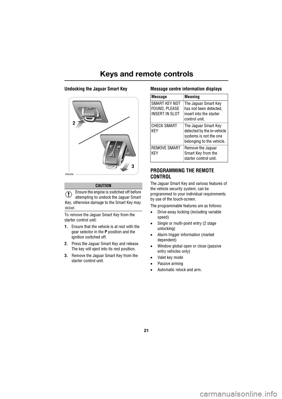 JAGUAR XF 2009 1.G User Guide 21
Keys and remote controls
               
Undocking the Jaguar Smart Key
To remove the Jaguar Smart Key from the 
starter control unit:
1.Ensure that the vehicle is at rest with the 
gear selector i