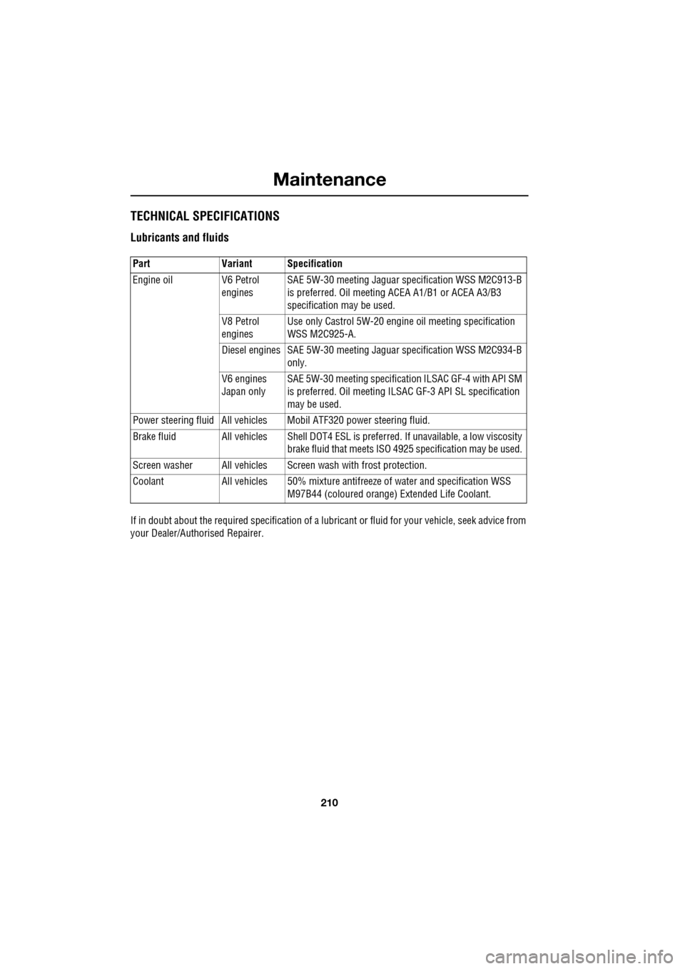 JAGUAR XF 2009 1.G Owners Manual Maintenance
210
TECHNICAL SPECIFICATIONS
Lubricants and fluids
If in doubt about the required specification of a lubricant or fluid for your vehicle, seek advice from
your Dealer/Aut JAGUAR XF 2009 1.G Owners Manual Maintenance
210
TECHNICAL SPECIFICATIONS
Lubricants and fluids
If in doubt about the required specification of a lubricant or fluid for your vehicle, seek advice from
your Dealer/Aut