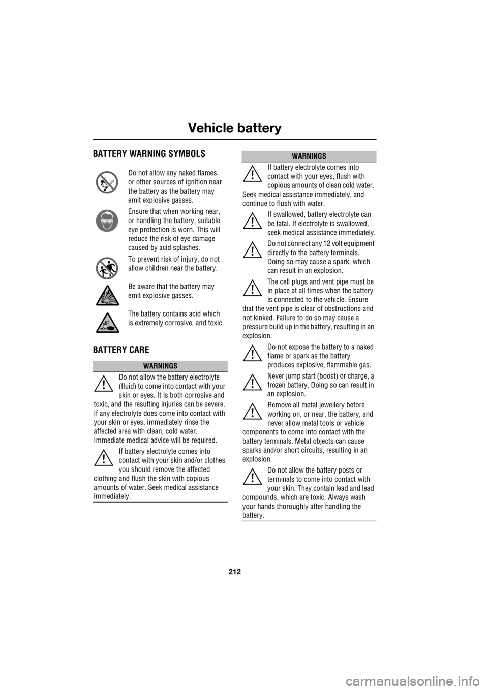 JAGUAR XF 2009 1.G User Guide Vehicle battery
212
               
 BATTERY WARNING SYMBOLS
BATTERY CARE
Do not allow any naked flames, 
or other sources of ignition near 
the battery as the battery may 
emit explosive gasses.
Ensu