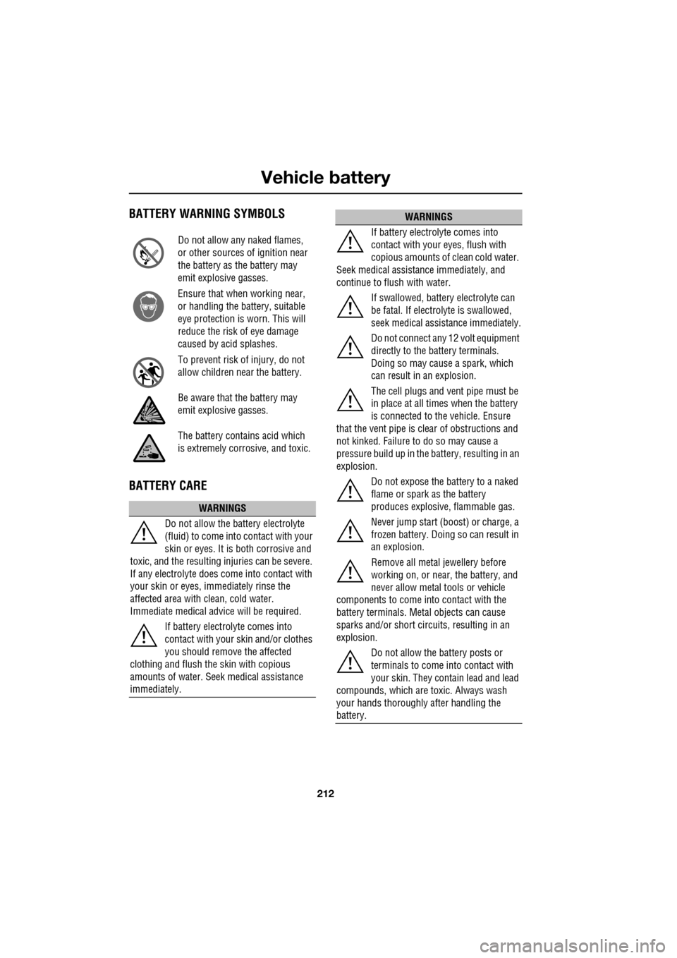 JAGUAR XF 2009 1.G Owners Manual Vehicle battery
212
               
 BATTERY WARNING SYMBOLS
BATTERY CARE
Do not allow any naked flames, 
or other sources of ignition near 
the battery as the battery may 
emit explosive gasses.
Ensu