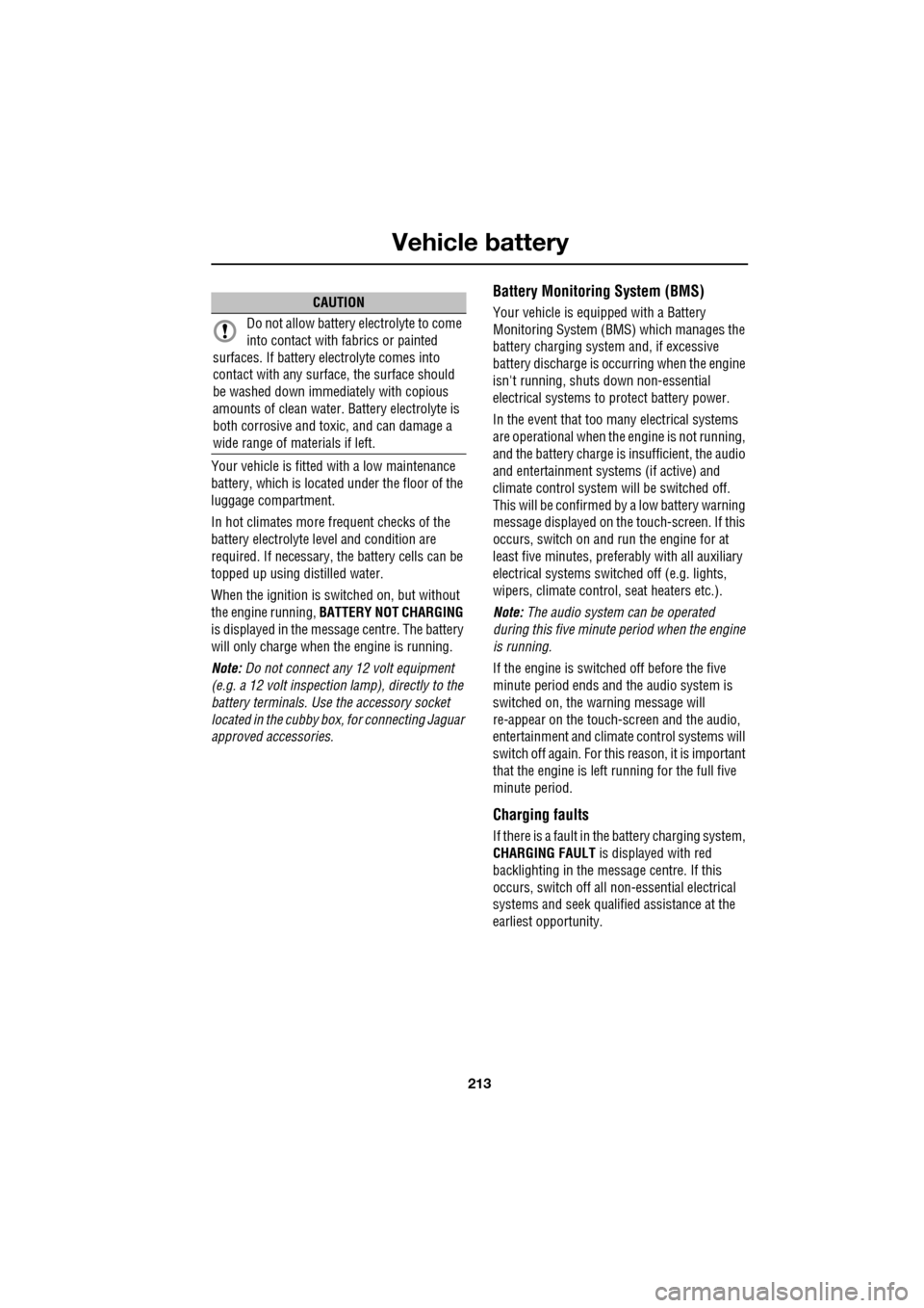 JAGUAR XF 2009 1.G User Guide 213
Vehicle battery
               
Your vehicle is fitted with a low maintenance 
battery, which is located under the floor of the 
luggage compartment.
In hot climates more frequent checks of the 
b