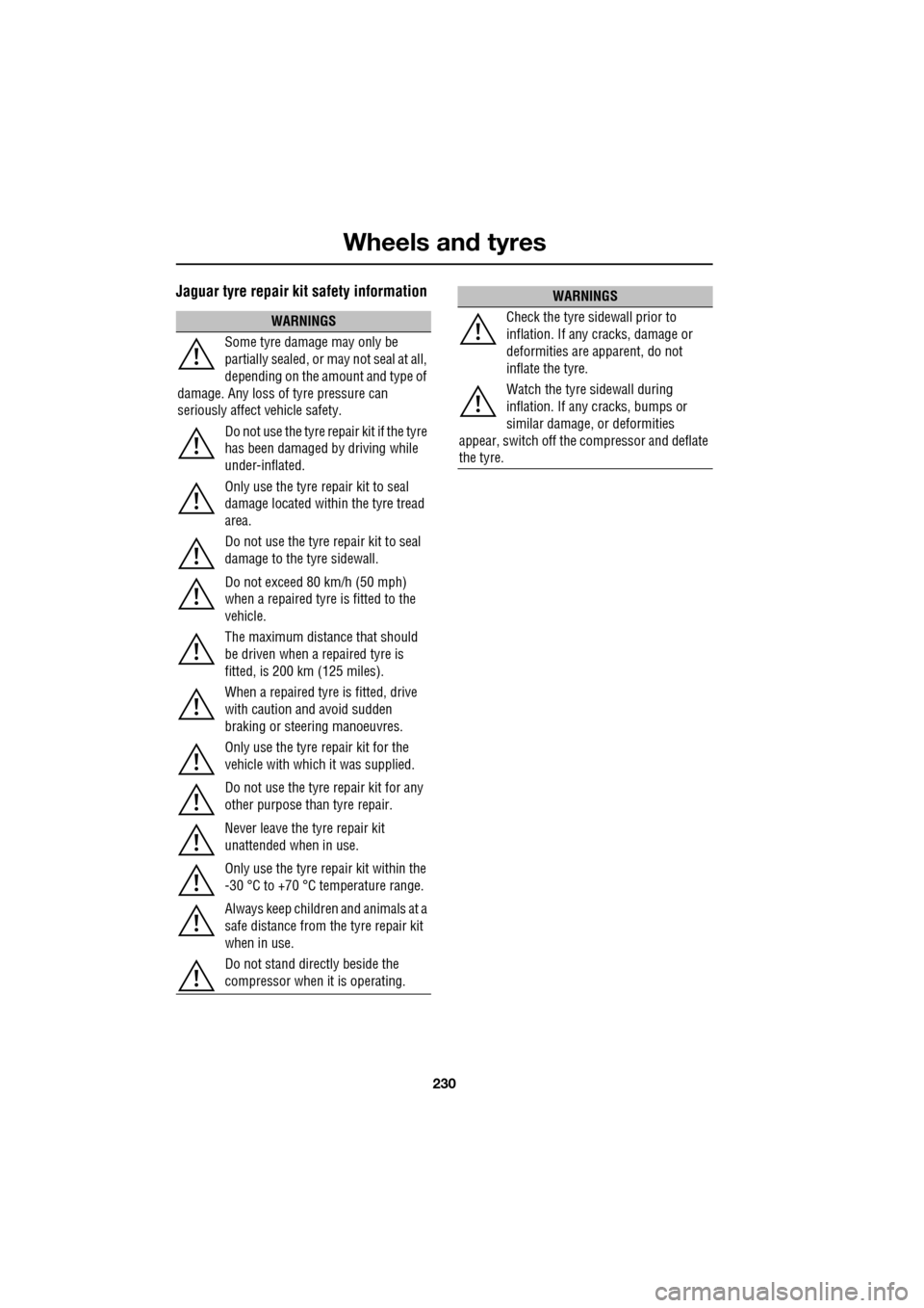 JAGUAR XF 2009 1.G Owners Manual Wheels and tyres
230
Jaguar tyre repair kit safety information
WARNINGS
Some tyre damage may only be
partially sealed, or may not seal at all,
depending on the amount and type of
da JAGUAR XF 2009 1.G Owners Manual Wheels and tyres
230
Jaguar tyre repair kit safety information
WARNINGS
Some tyre damage may only be
partially sealed, or may not seal at all,
depending on the amount and type of
da