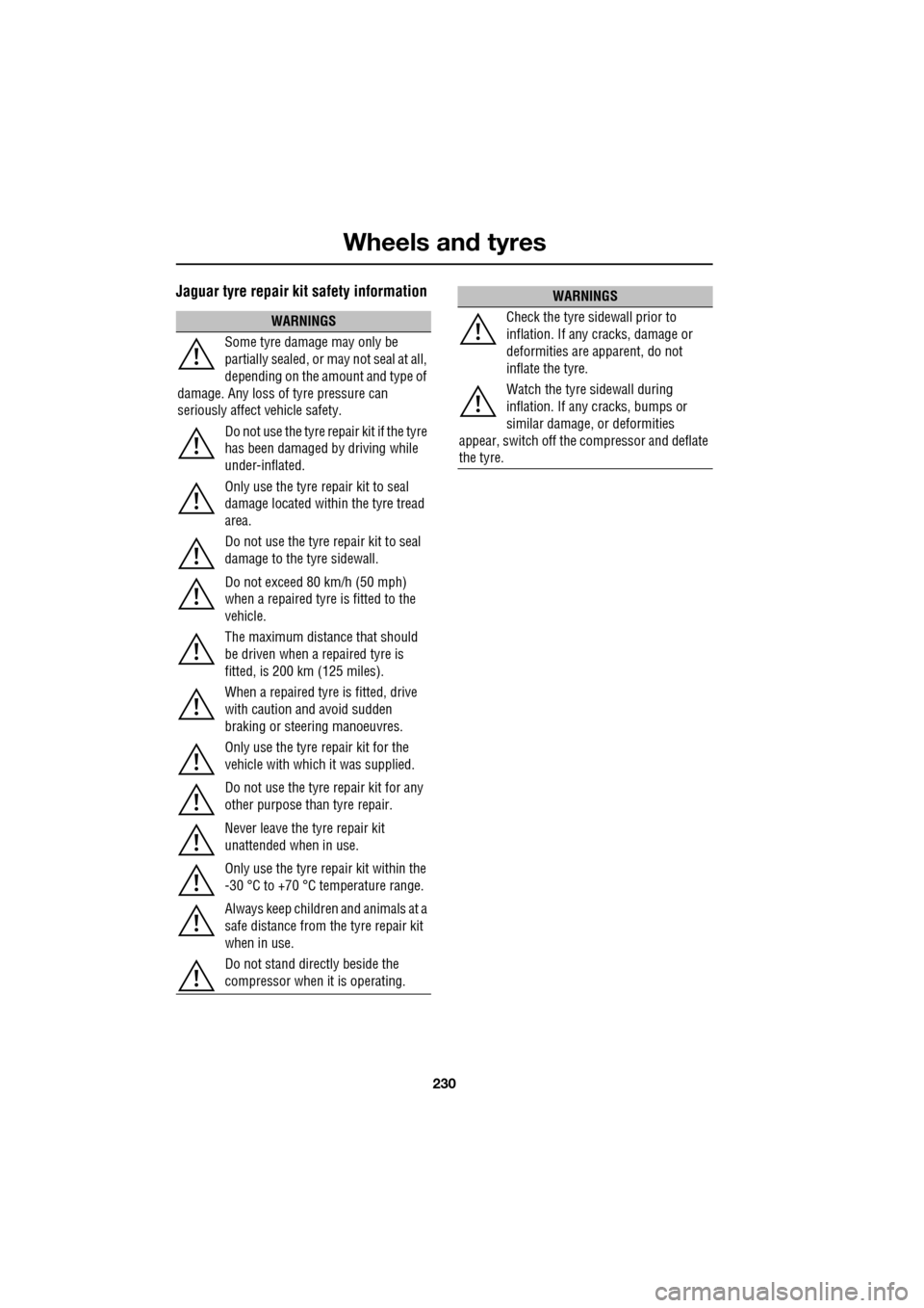 JAGUAR XF 2009 1.G Owners Manual Wheels and tyres
230
               
Jaguar tyre repair kit safety information
WARNINGS
Some tyre damage may only be 
partially sealed, or may not seal at all, 
depending on the amount and type of 
da